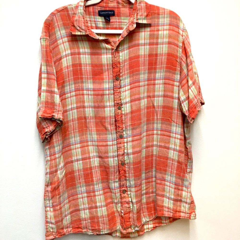 Lands’ End Traditional Fit Short Sleeve Button Up Shirt Large Plaid OrangeCasual